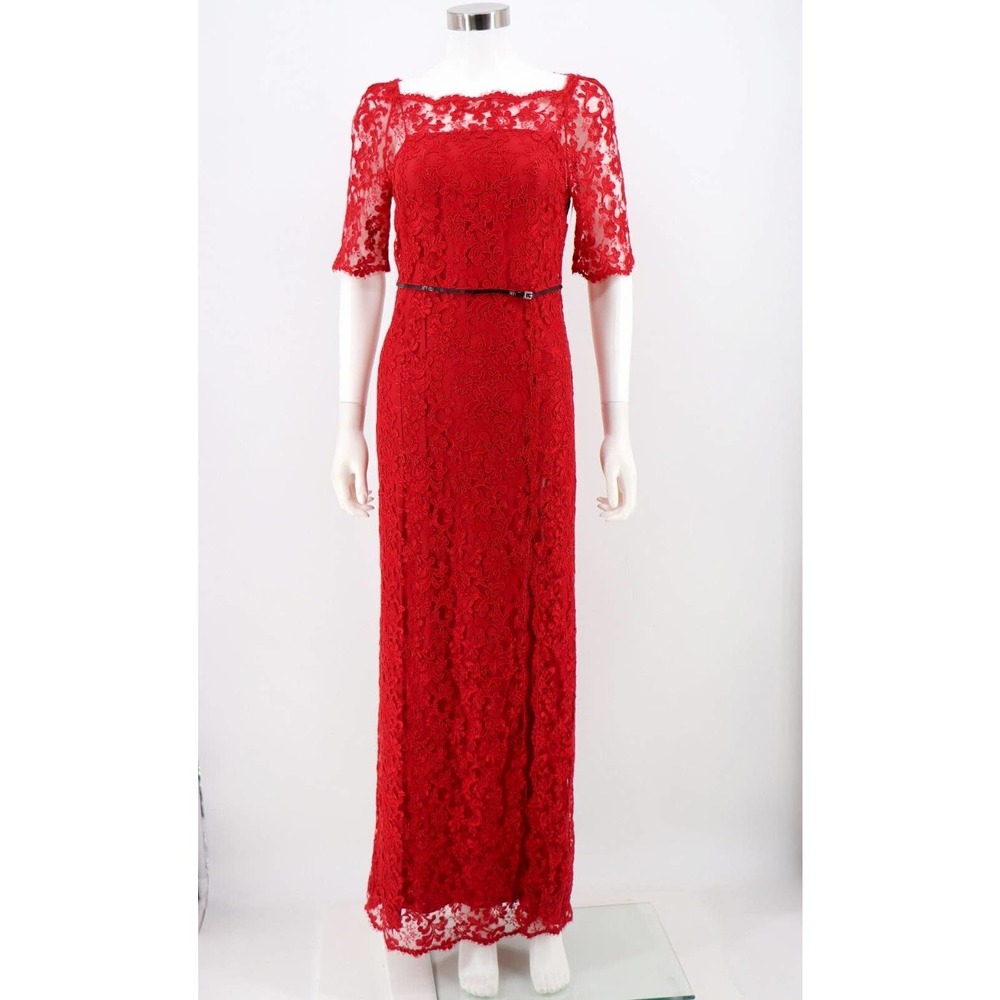 Gucci NEW Lace Evening Gown Size 6 US 42 IT Red Sheer Bateau Neckline Belt Women